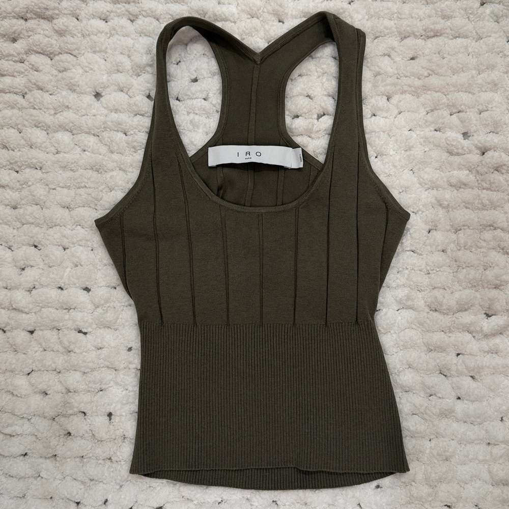 IRO S EUC Anaba Silk Blend Tank Olive Ribbed Racer Back w Cutout